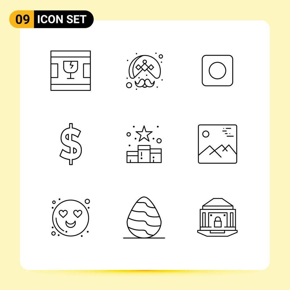 paquete de 9 signos y símbolos de contornos modernos para medios de impresión web, como medios de calificación que usan elementos de diseño de vectores editables de moneda de dinero