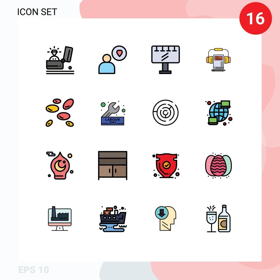 Modern Set of 16 Flat Color Filled Lines Pictograph of wbcs book sign board headphone music Editable Creative Vector Design Elements