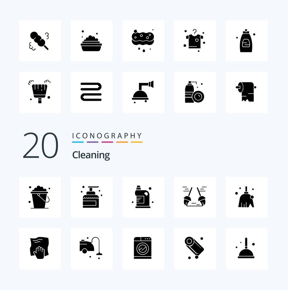 20 Cleaning Solid Glyph icon Pack like sweep clean spray broom fluid vector