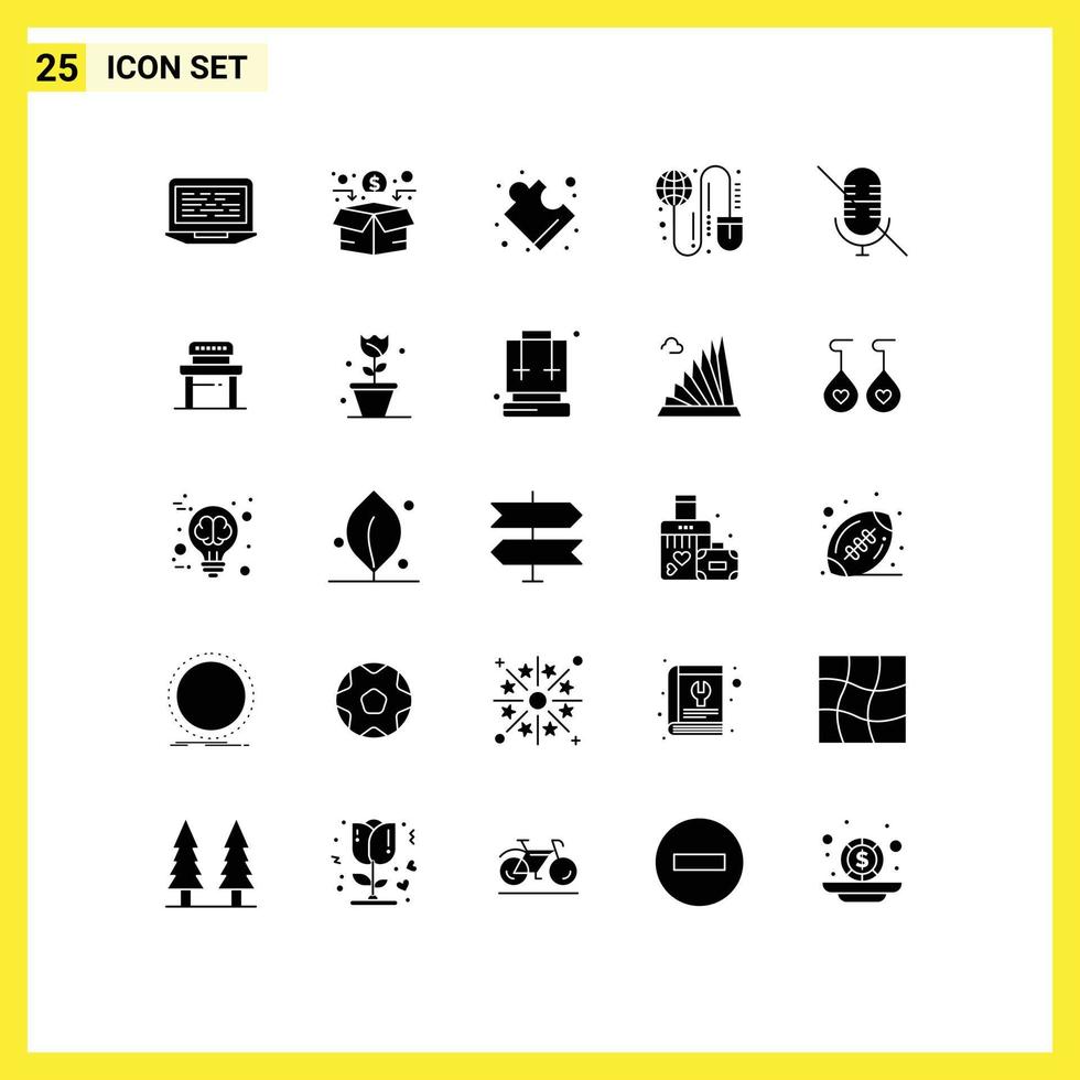 25 User Interface Solid Glyph Pack of modern Signs and Symbols of mic mouse crowd funding grid global Editable Vector Design Elements