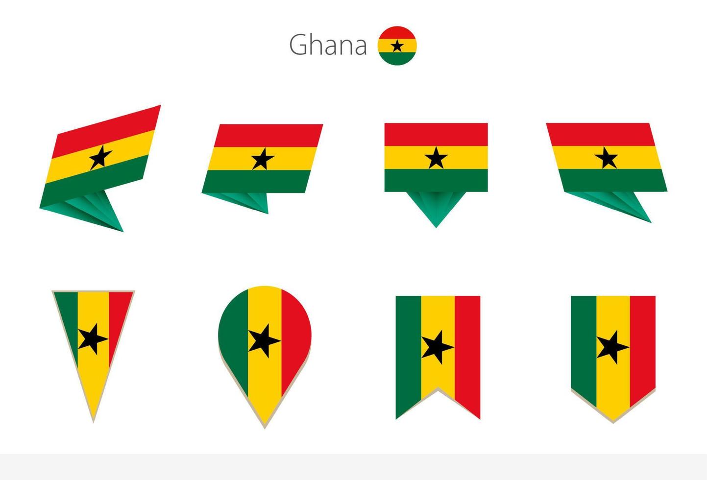 Ghana national flag collection, eight versions of Ghana vector flags.