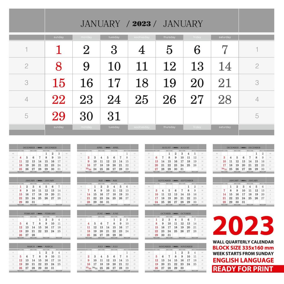 2023 Wall calendar in English languages. Week start from Sunday. vector