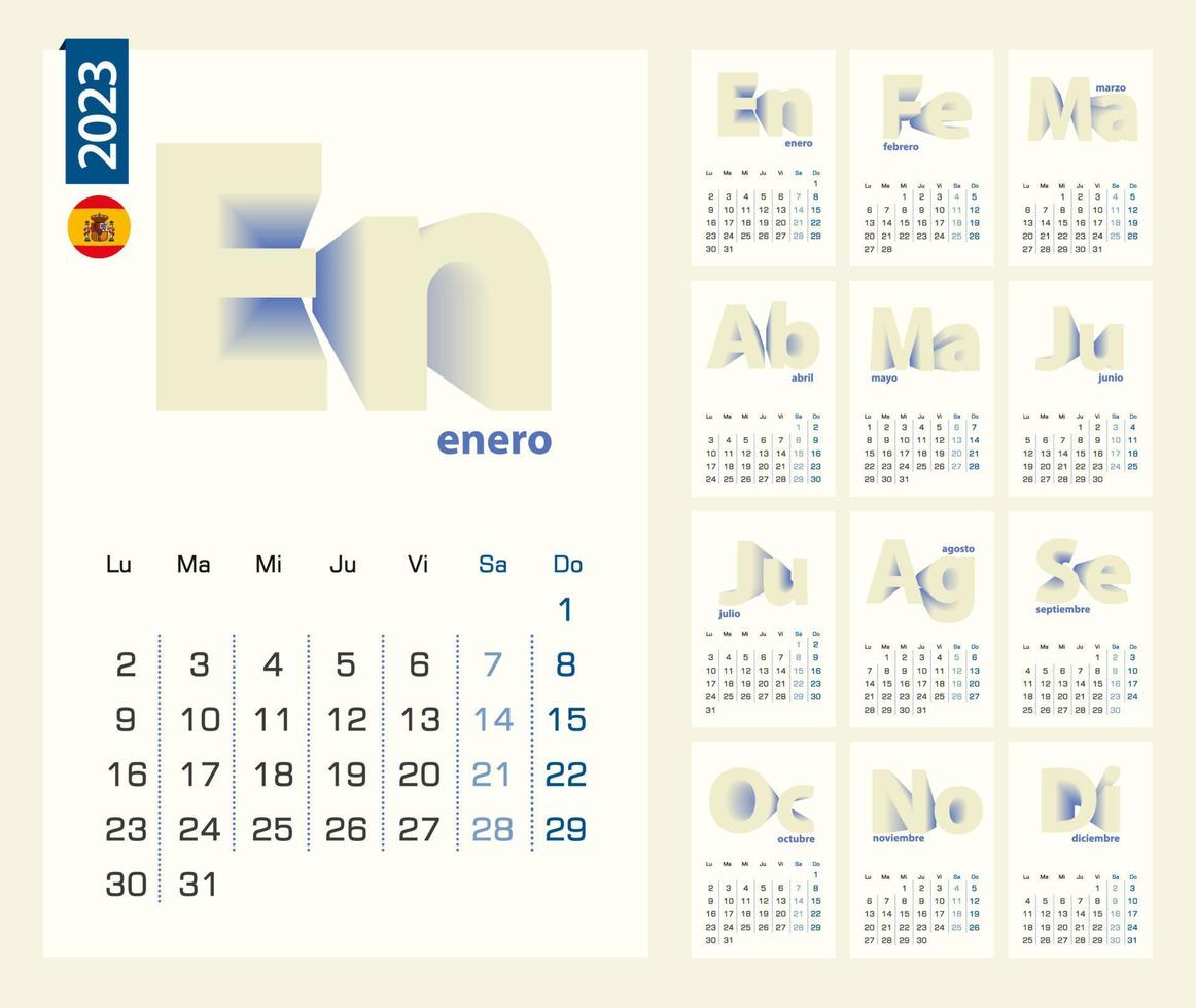 Calendar 2023 template in Spanish language, minimalist calendar set for 2023 year. vector