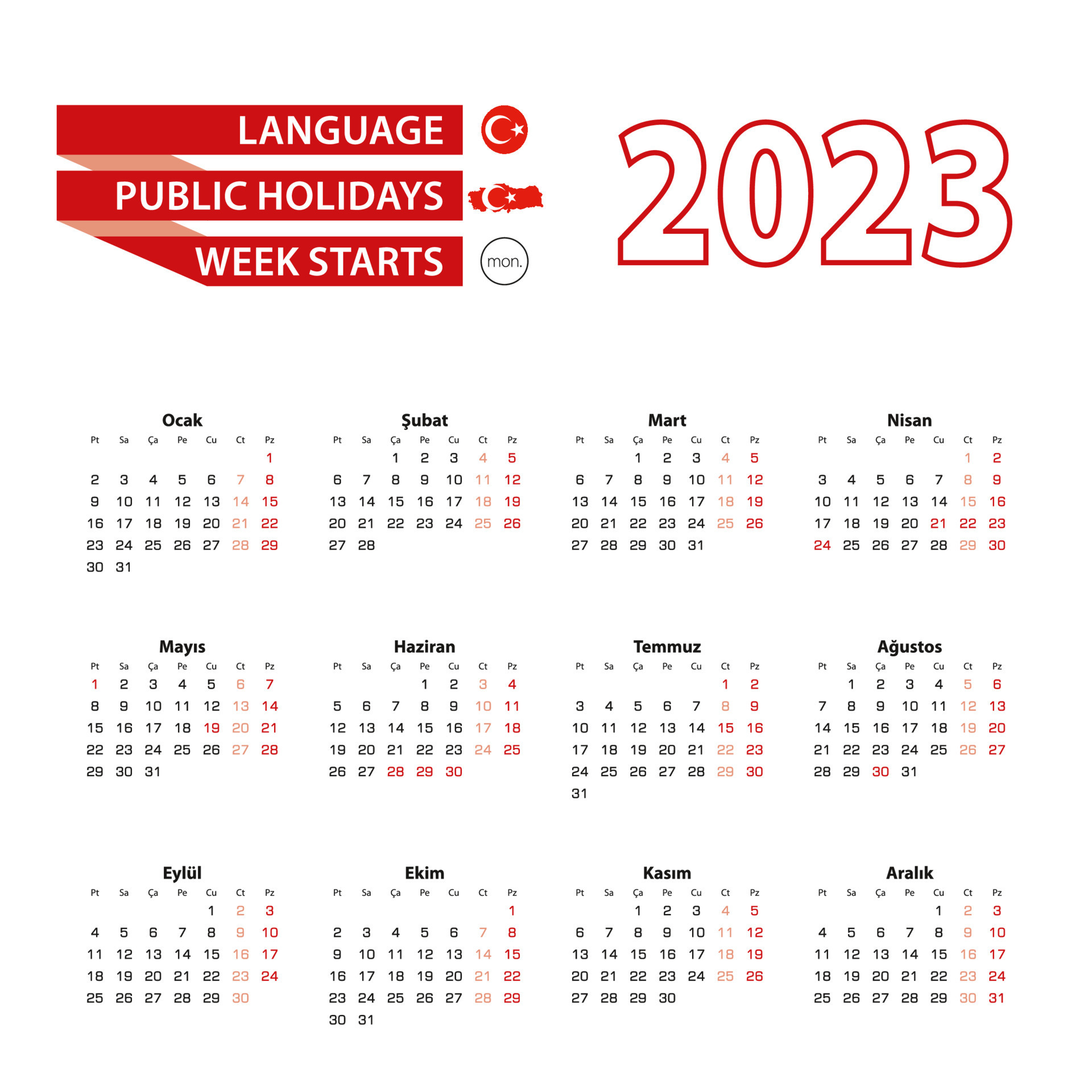 Calendar 2023 In Turkish Language With Public Holidays The Country Of Turkey  In Year 2023. 16764748 Vector Art At Vecteezy