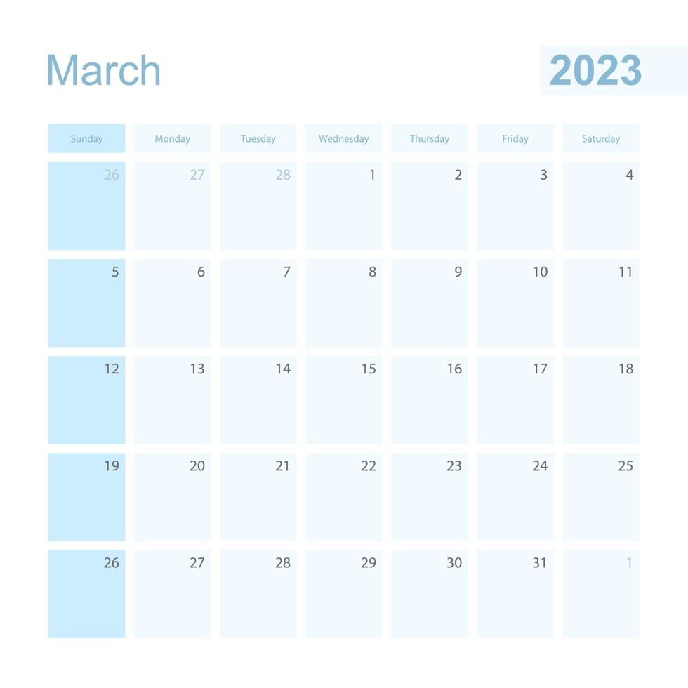 2023 March wall planner in blue color, week starts on Sunday. vector