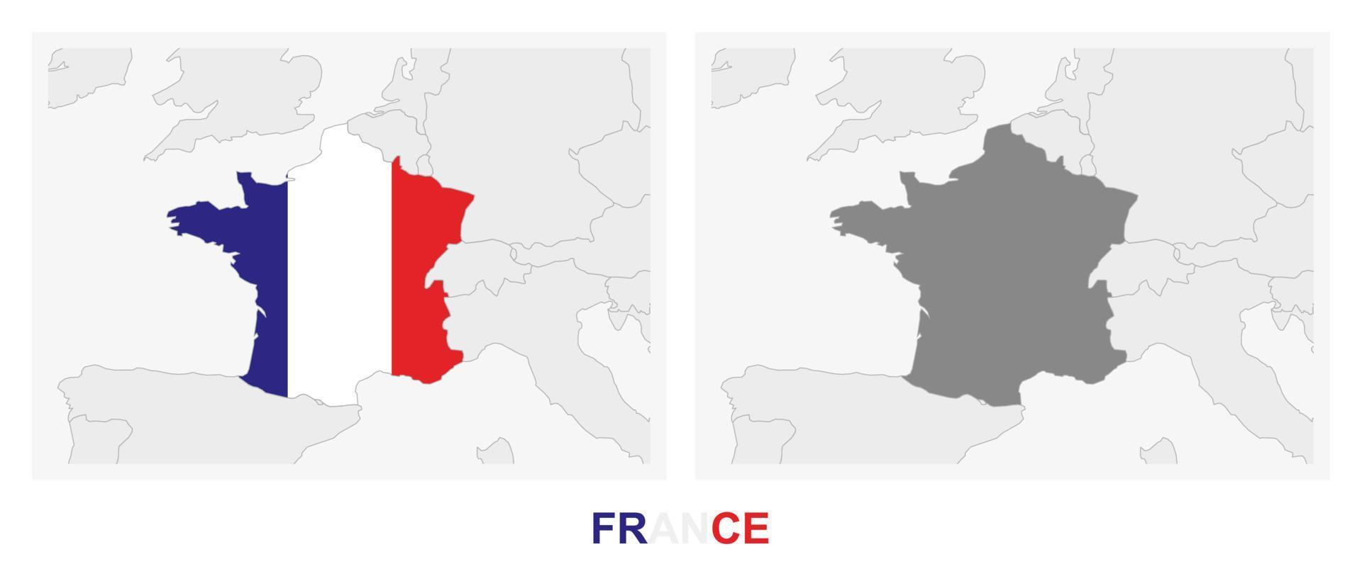 Two versions of the map of France, with the flag of France and highlighted in dark grey. vector