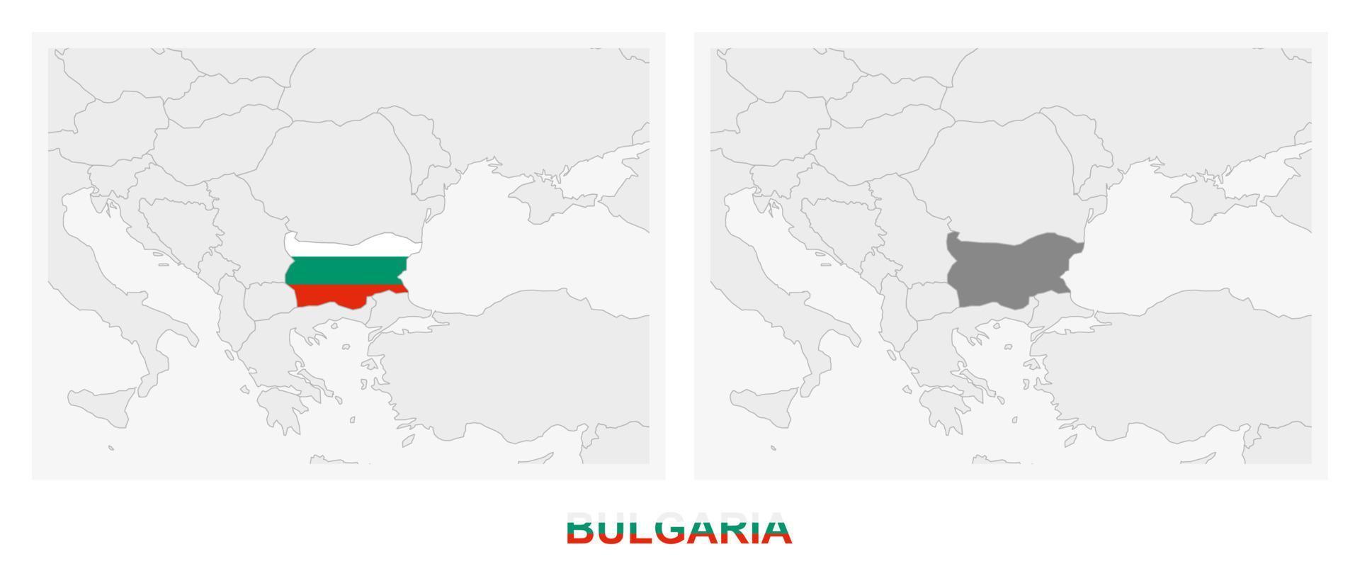 dos versiones del mapa de bulgaria, con la bandera de bulgaria y resaltada en gris oscuro. vector