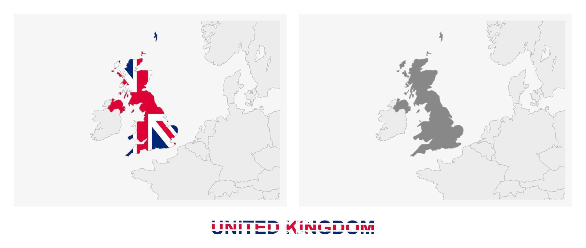 Two versions of the map of United Kingdom, with the flag of United Kingdom and highlighted in dark grey. vector