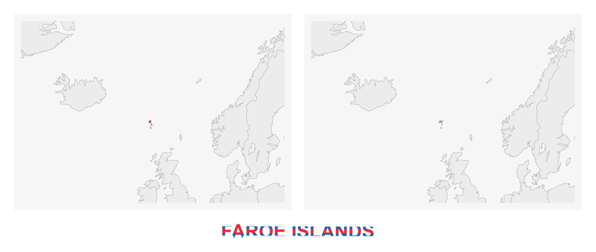 Two versions of the map of Faroe Islands, with the flag of Faroe Islands and highlighted in dark grey. vector
