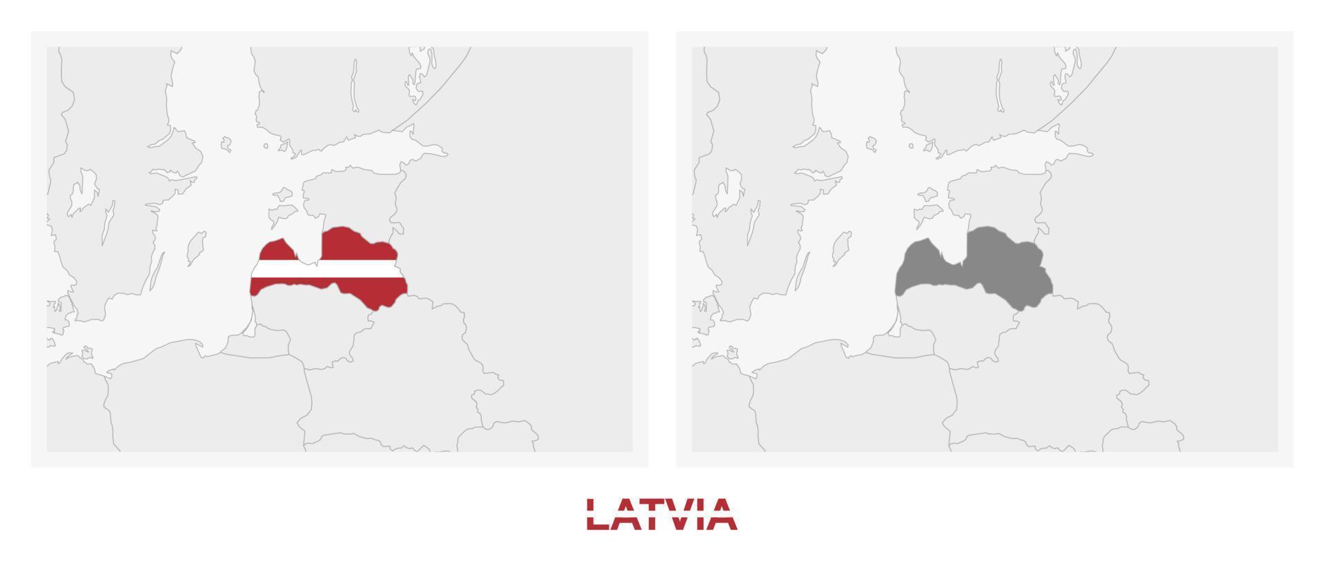 Two versions of the map of Latvia, with the flag of Latvia and highlighted in dark grey. vector