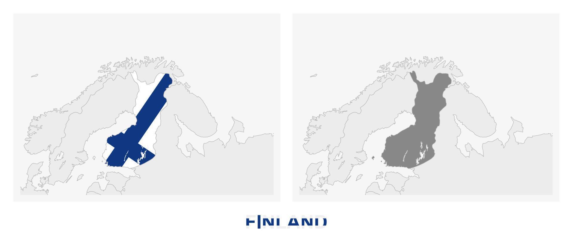 dos versiones del mapa de finlandia, con la bandera de finlandia y resaltada en gris oscuro. vector