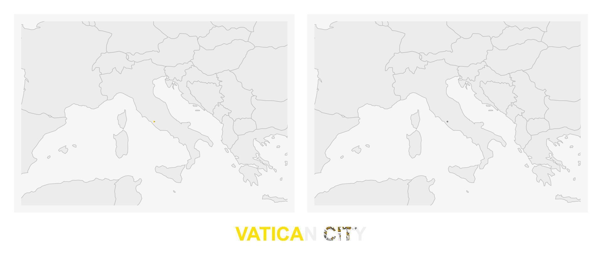 Two versions of the map of Vatican City, with the flag of Vatican City and highlighted in dark grey. vector