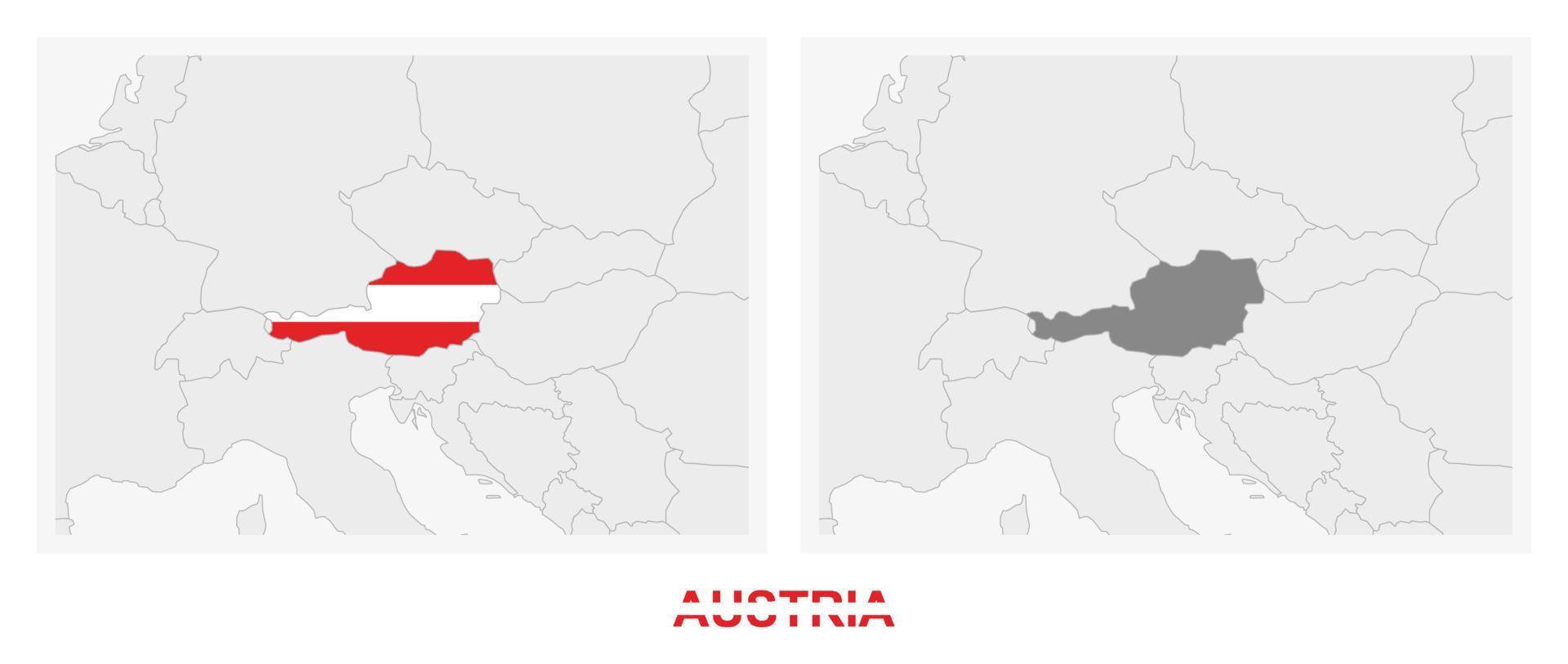 dos versiones del mapa de austria, con la bandera de austria y resaltada en gris oscuro. vector