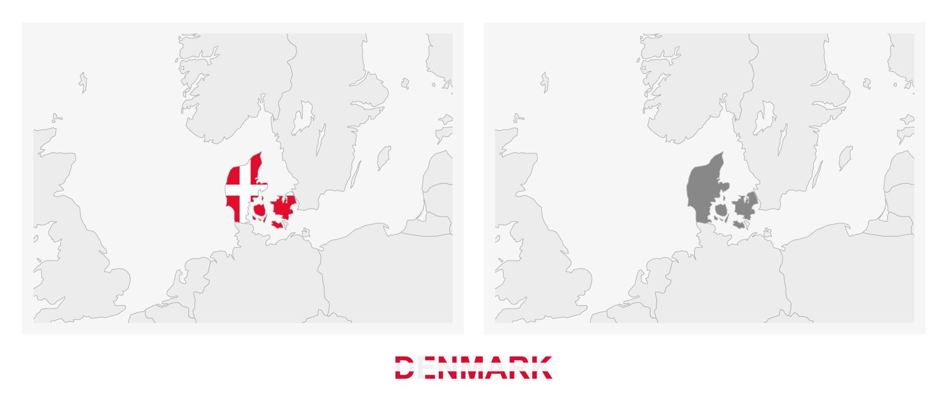 Two versions of the map of Denmark, with the flag of Denmark and highlighted in dark grey. vector