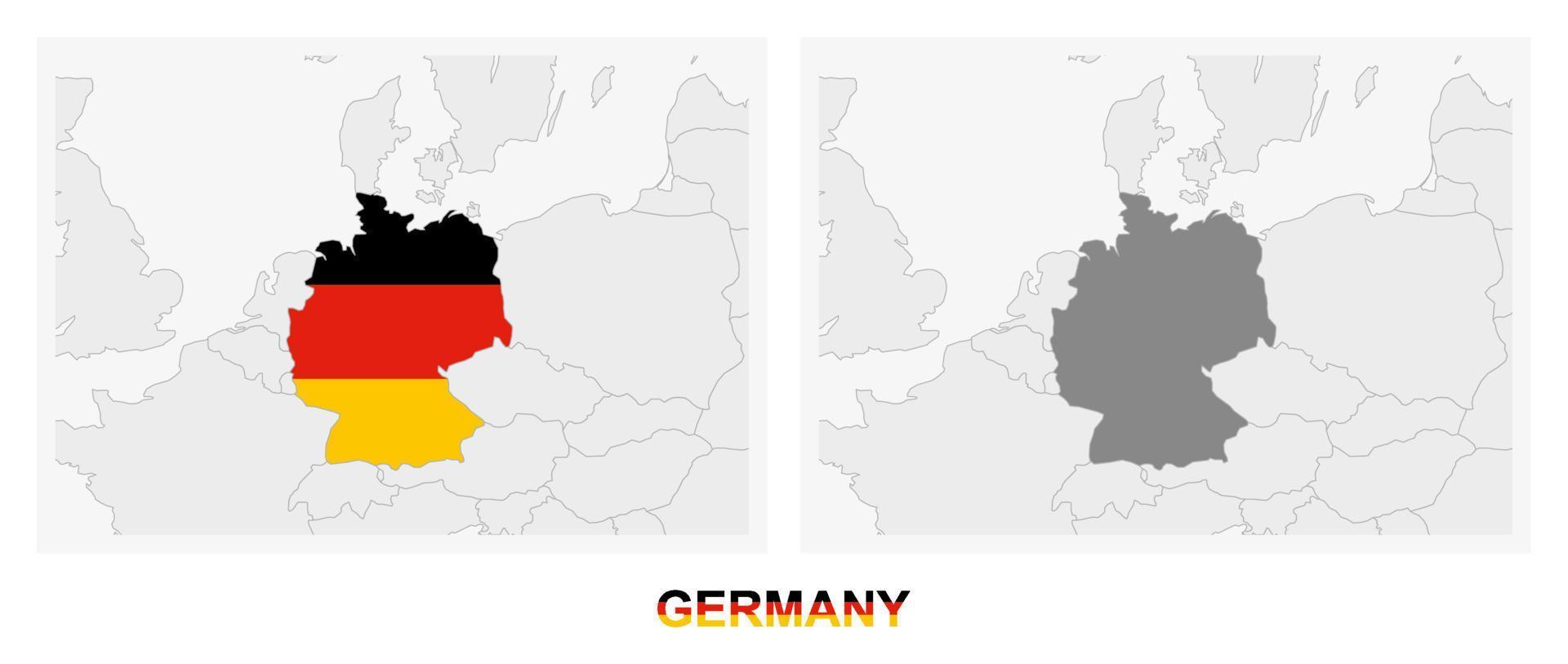 Two versions of the map of Germany, with the flag of Germany and highlighted in dark grey. vector