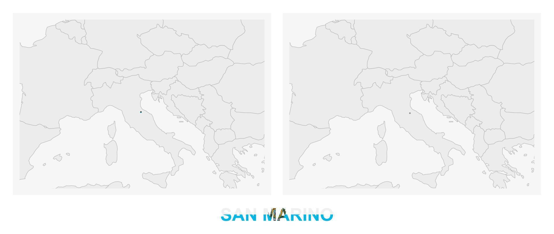 dos versiones del mapa de san marino, con la bandera de san marino y resaltada en gris oscuro. vector