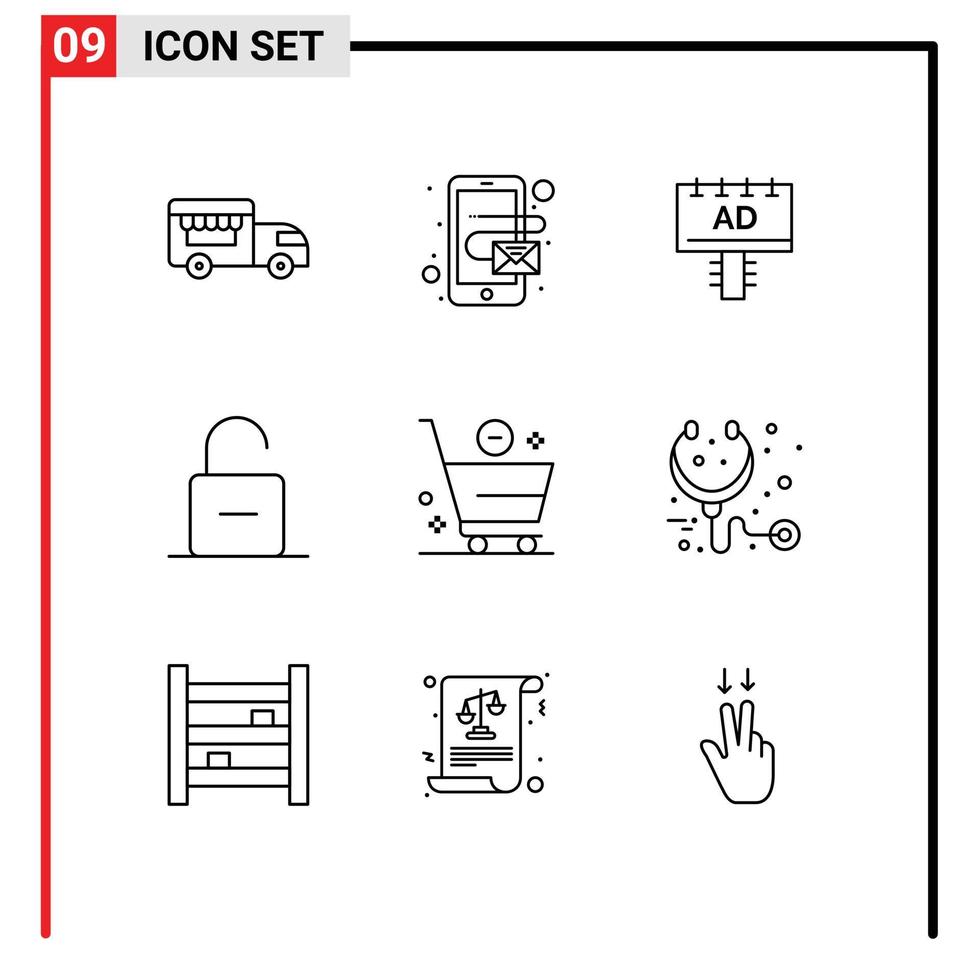 Stock Vector Icon Pack of 9 Line Signs and Symbols for e cart advertising unlock safety Editable Vector Design Elements