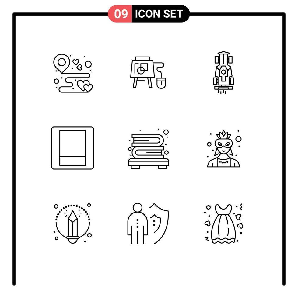 Group of 9 Modern Outlines Set for bookcase switch education light racing Editable Vector Design Elements