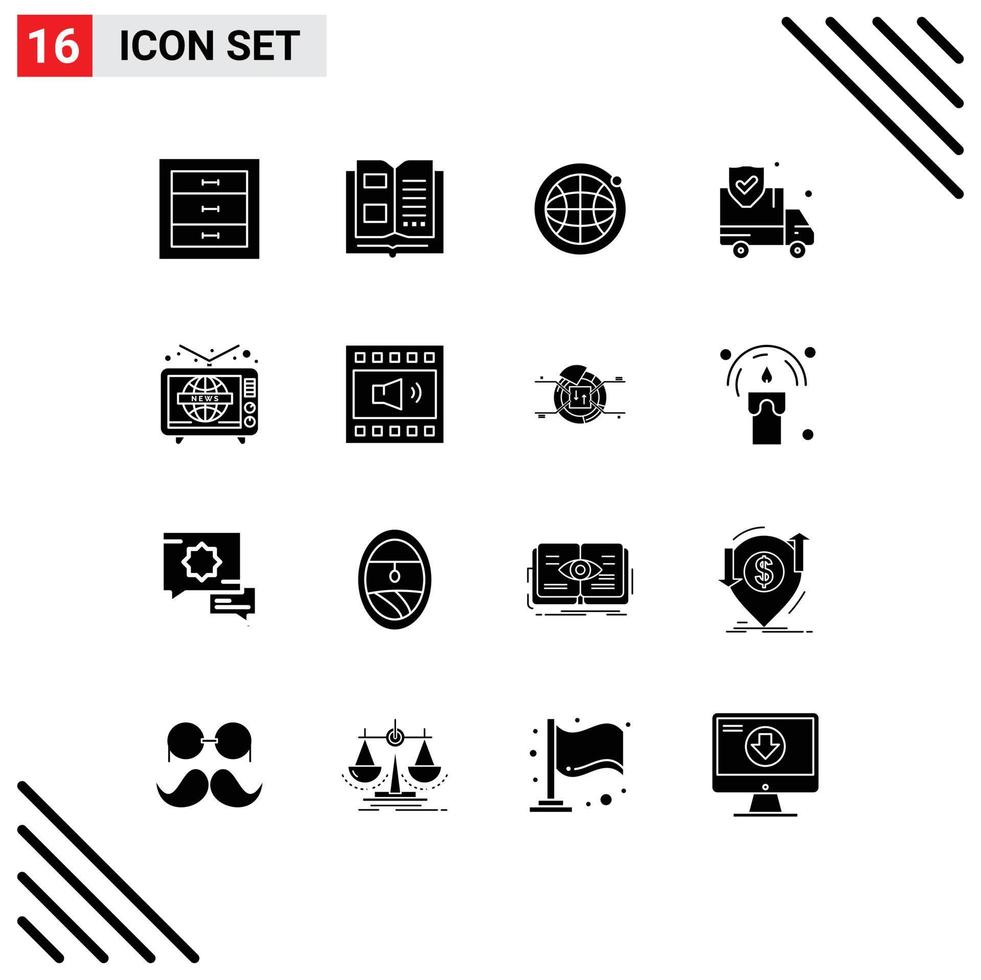 Mobile Interface Solid Glyph Set of 16 Pictograms of tv news globe van protection Editable Vector Design Elements