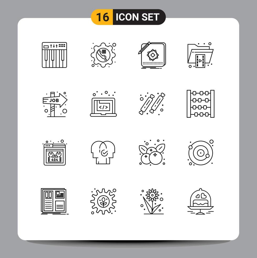 Universal Icon Symbols Group of 16 Modern Outlines of folder document gear design logo Editable Vector Design Elements