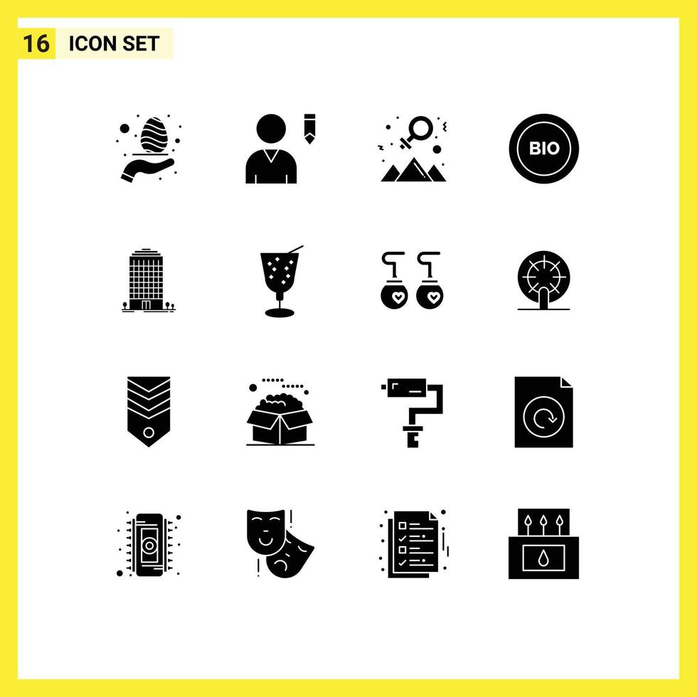 Solid Glyph Pack of 16 Universal Symbols of office power happy energy ecology Editable Vector Design Elements