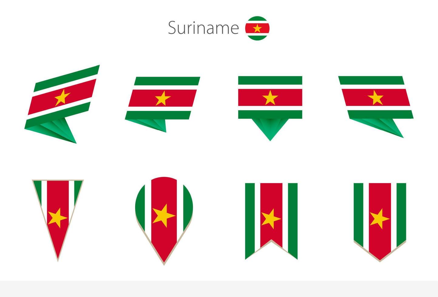 Suriname national flag collection, eight versions of Suriname vector flags.