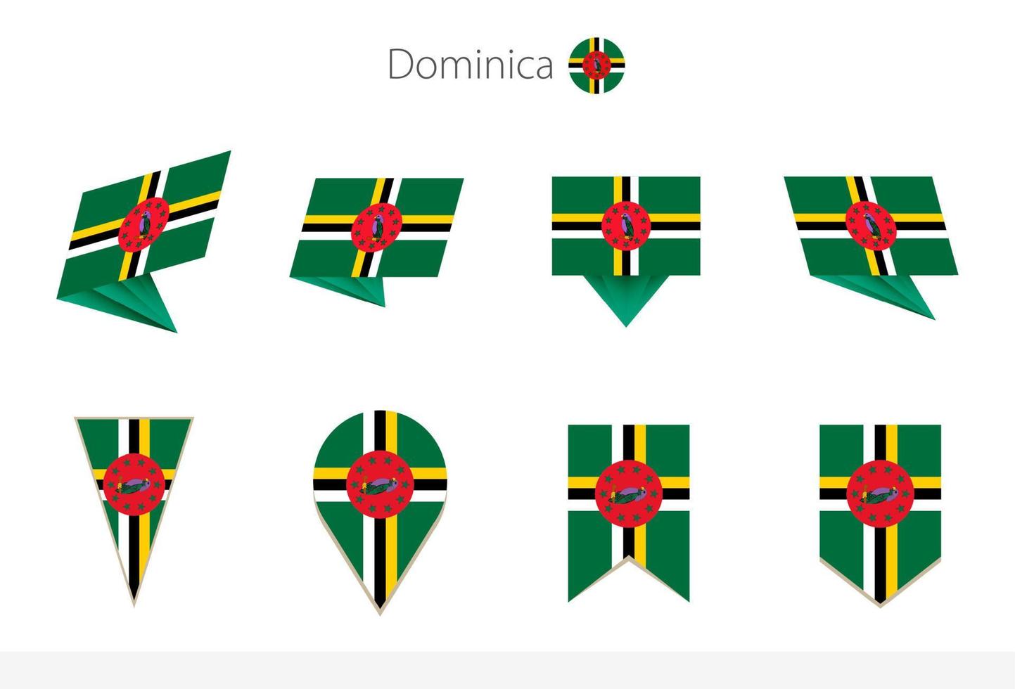 Dominica national flag collection, eight versions of Dominica vector flags.