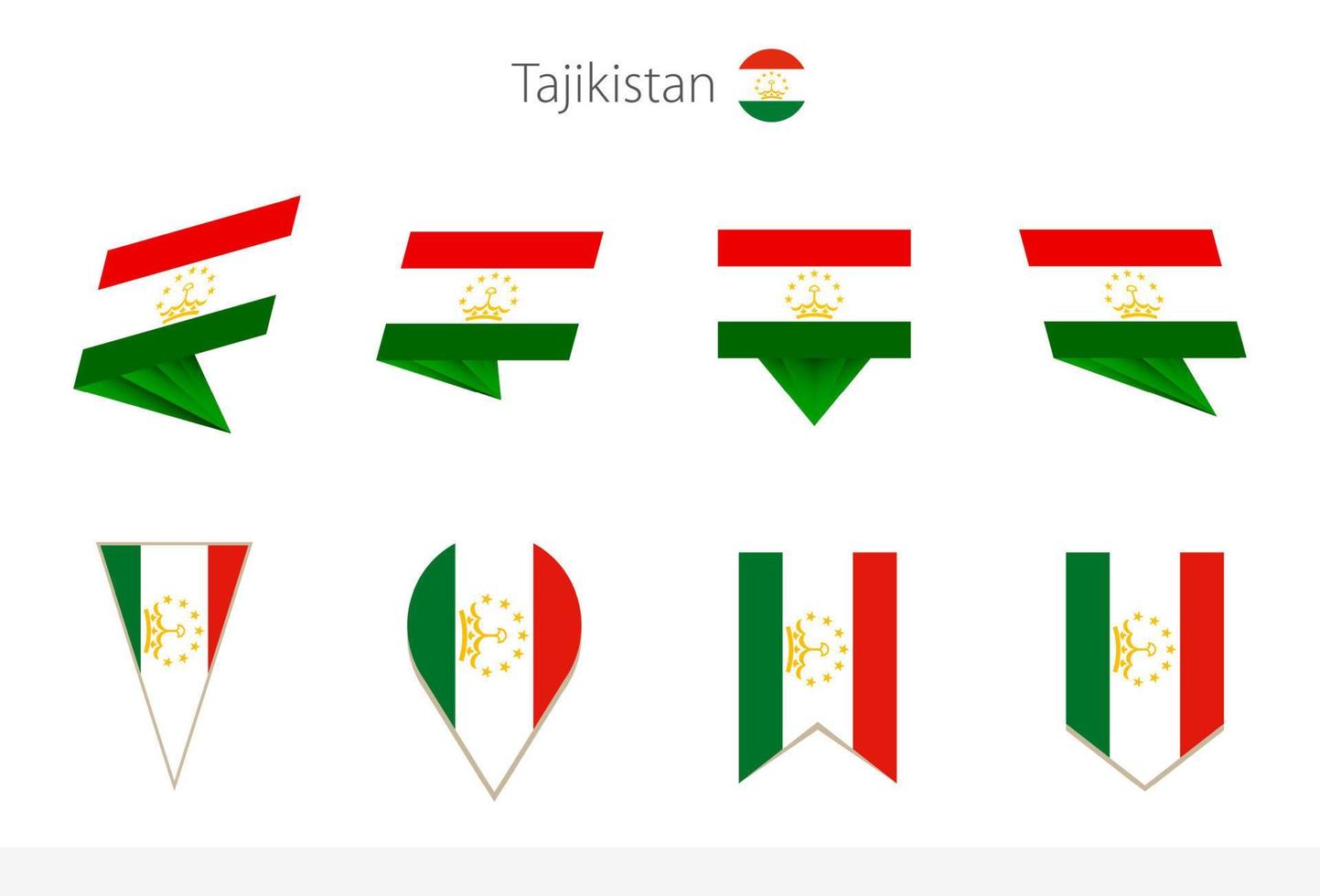Tajikistan national flag collection, eight versions of Tajikistan vector flags.