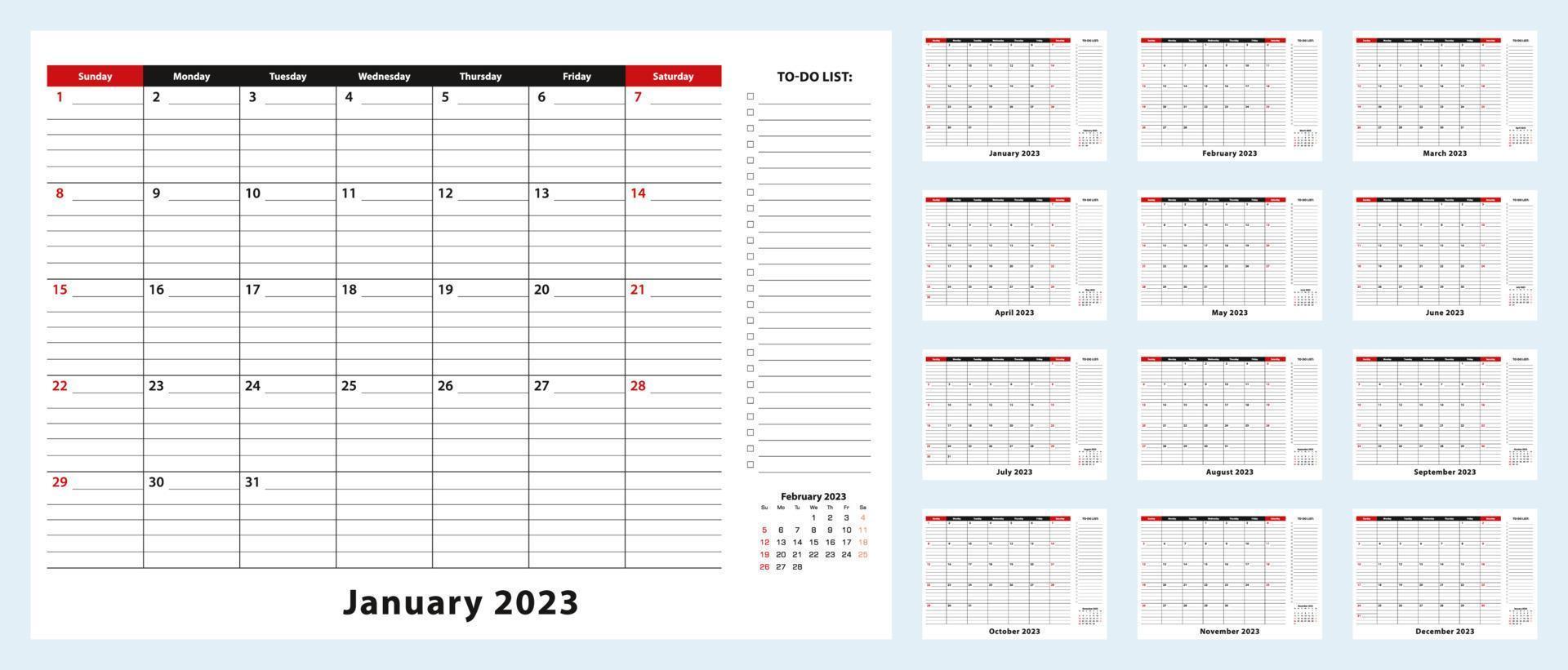 Vector Monthly Desk Pad Calendar, January 2023 - December 2023. Calendar planner with to-do list and place for notes.