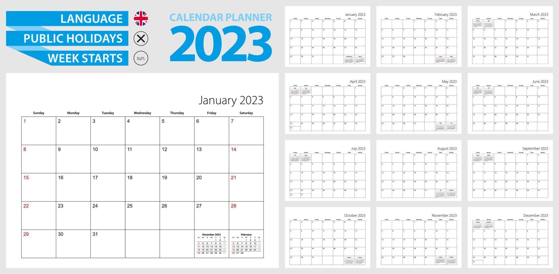 Wall calendar planner for 2023. English language, week starts from Sunday. vector