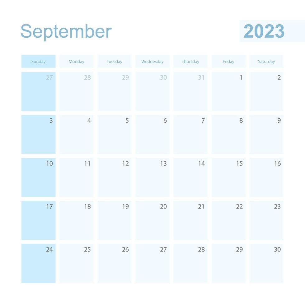 Planificador de pared de septiembre de 2023 en color azul, la semana comienza el domingo. vector