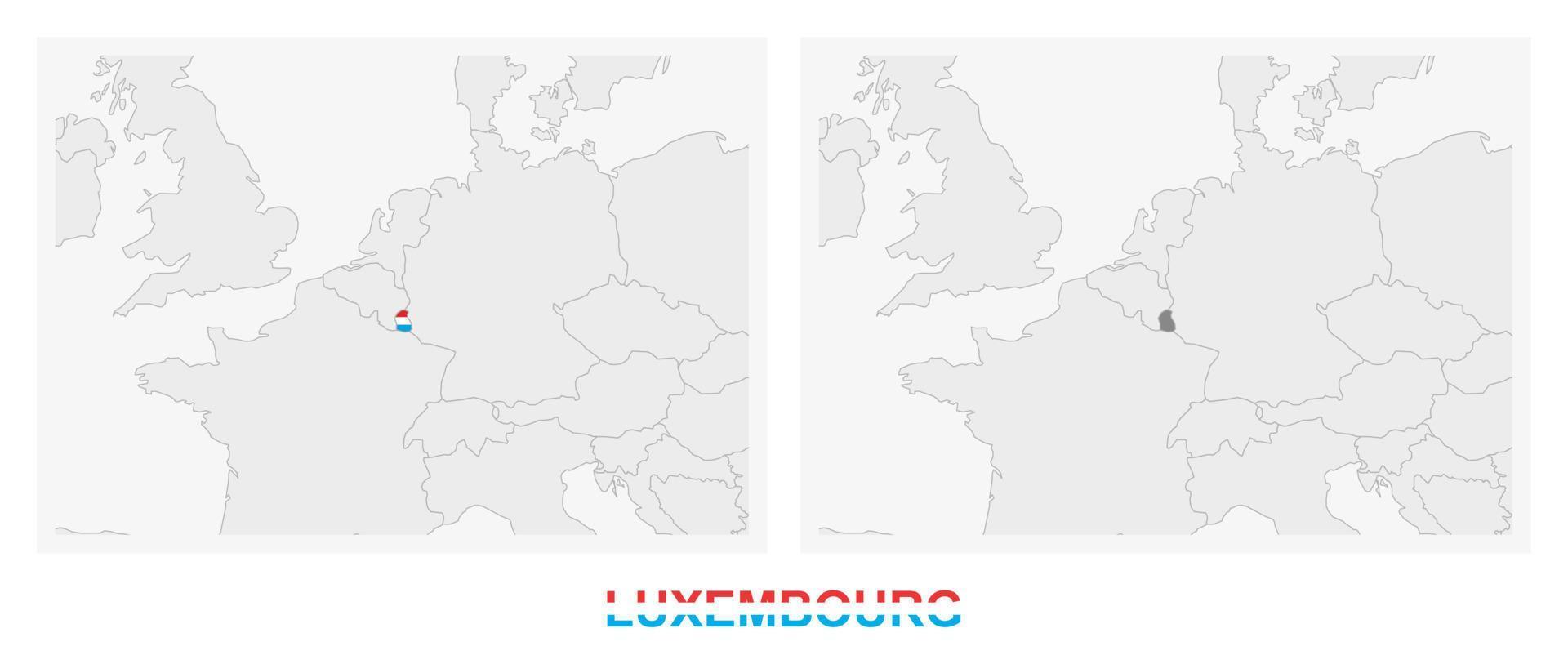 Two versions of the map of Luxembourg, with the flag of Luxembourg and highlighted in dark grey. vector