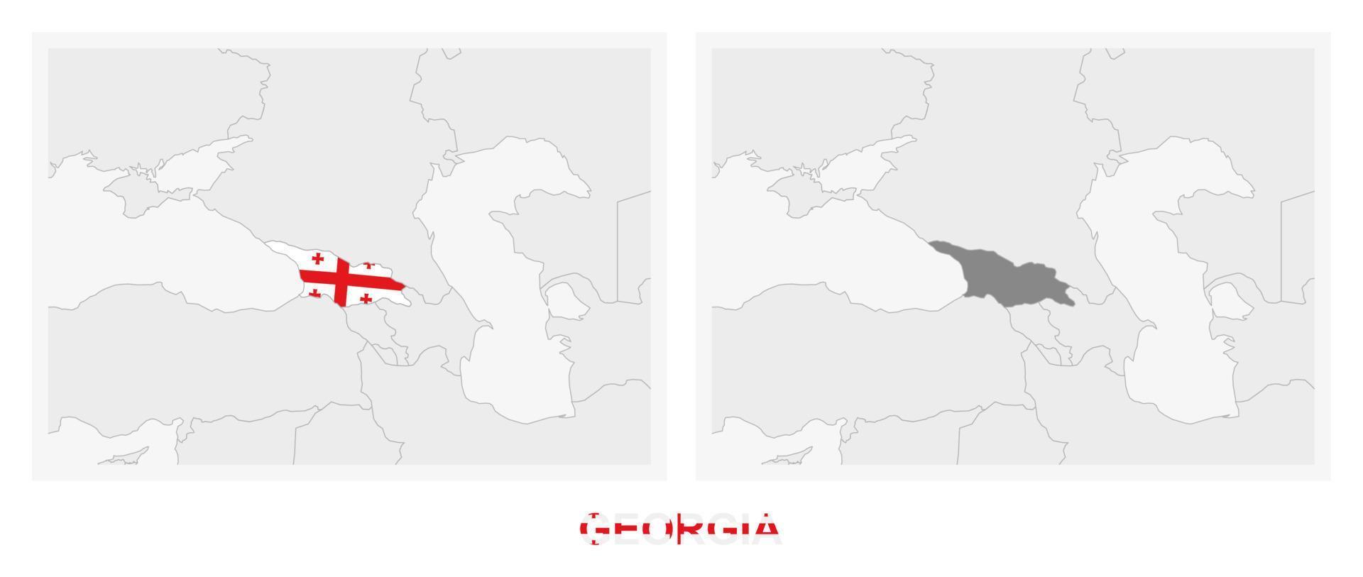 dos versiones del mapa de georgia, con la bandera de georgia y resaltada en gris oscuro. vector