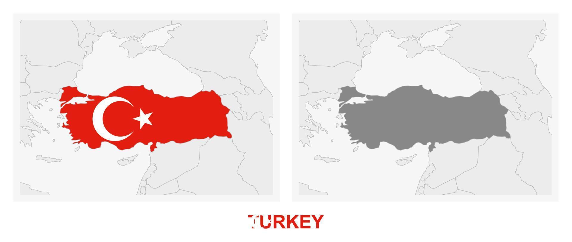 dos versiones del mapa de turquía, con la bandera de turquía y resaltada en gris oscuro. vector