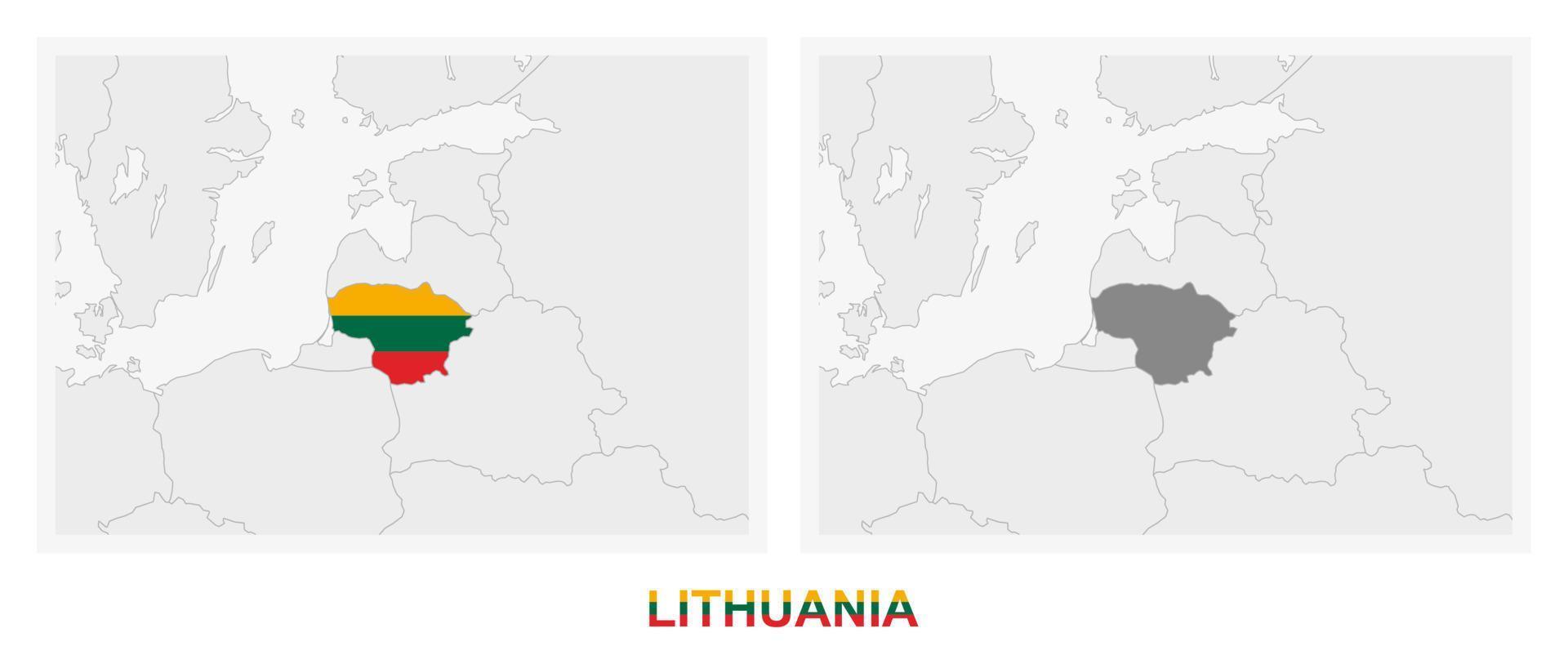 Two versions of the map of Lithuania, with the flag of Lithuania and highlighted in dark grey. vector