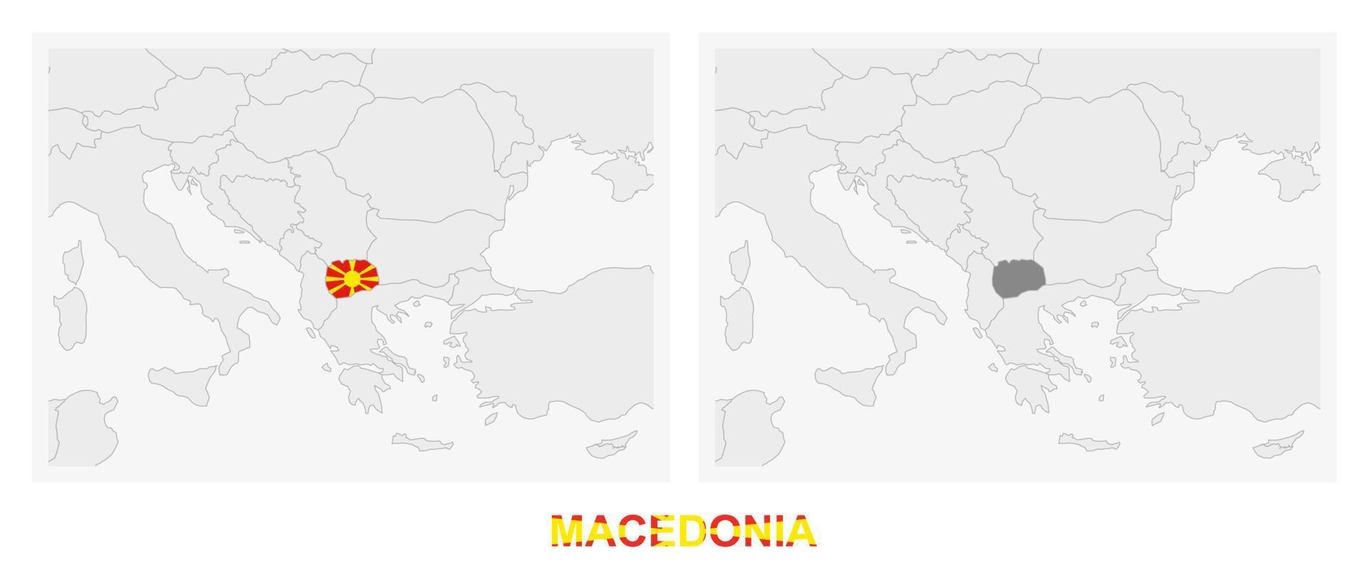 Two versions of the map of Macedonia, with the flag of Macedonia and highlighted in dark grey. vector