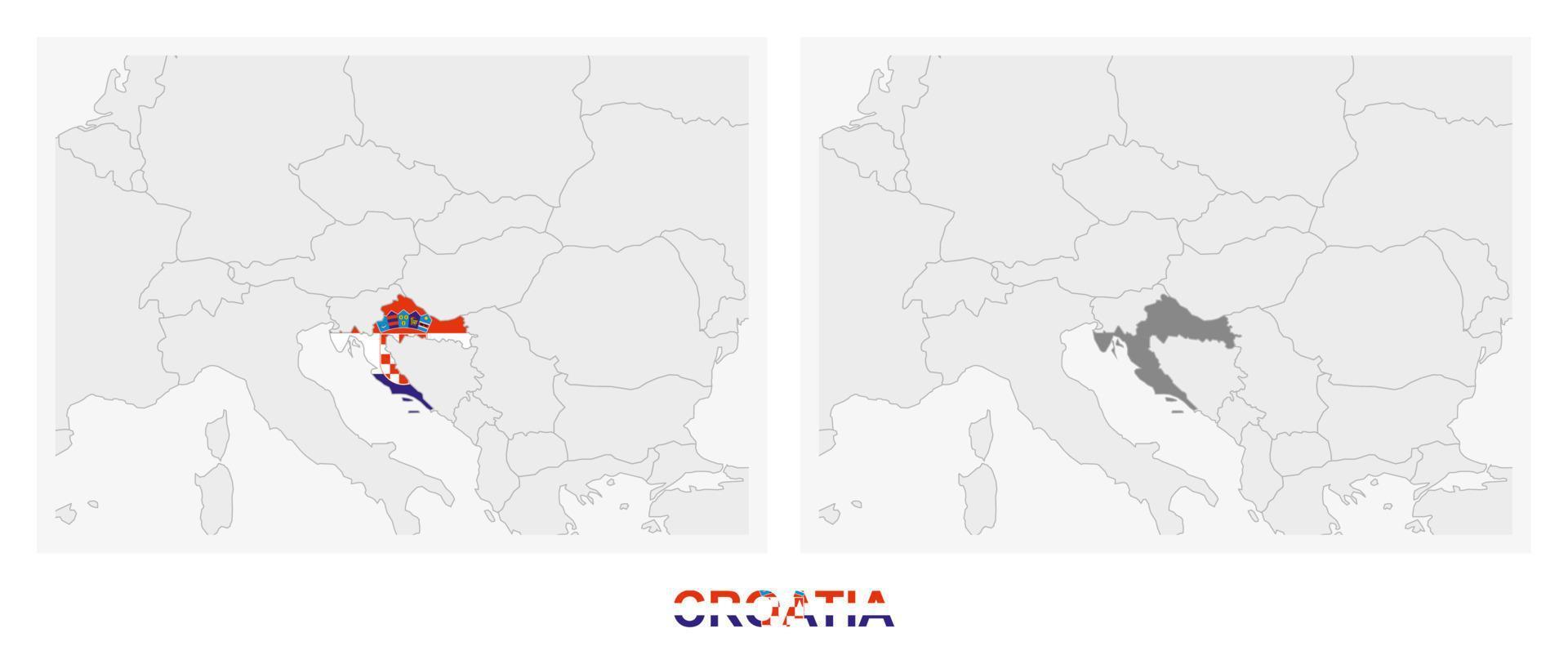 Two versions of the map of Croatia, with the flag of Croatia and highlighted in dark grey. vector