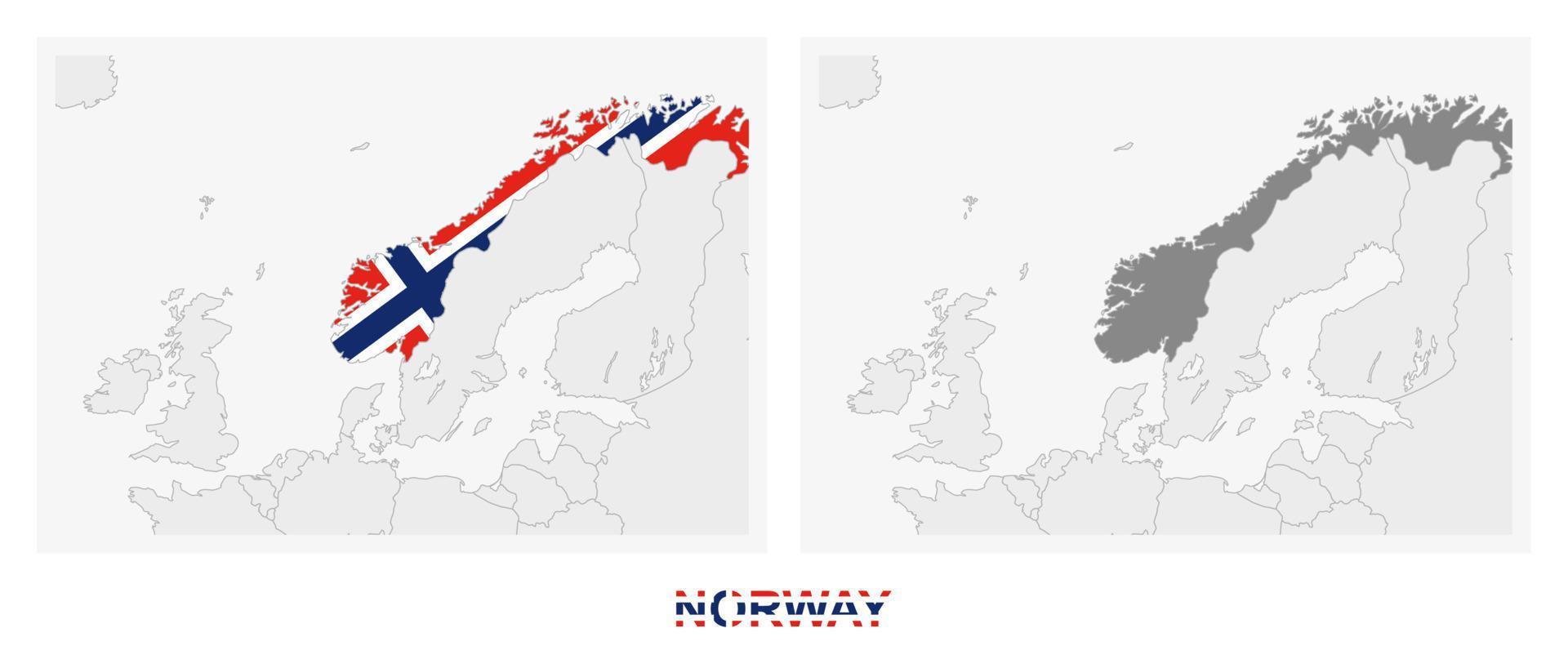 Two versions of the map of Norway, with the flag of Norway and highlighted in dark grey. vector