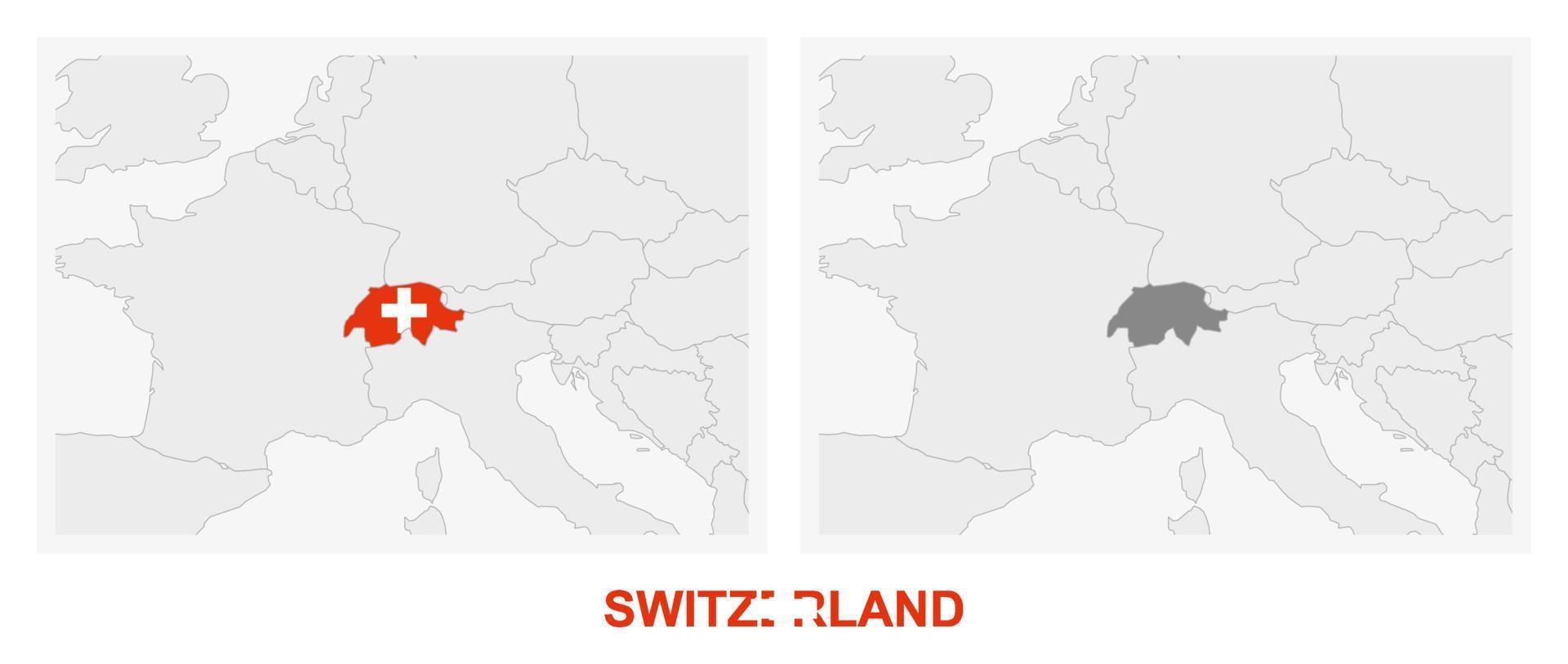 dos versiones del mapa de suiza, con la bandera de suiza y resaltada en gris oscuro. vector