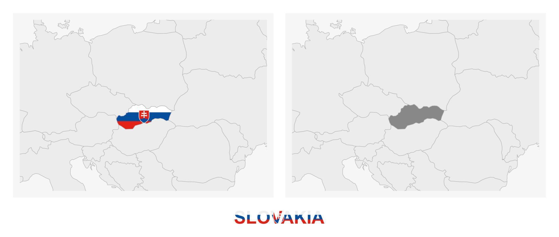 Two versions of the map of Slovakia, with the flag of Slovakia and highlighted in dark grey. vector