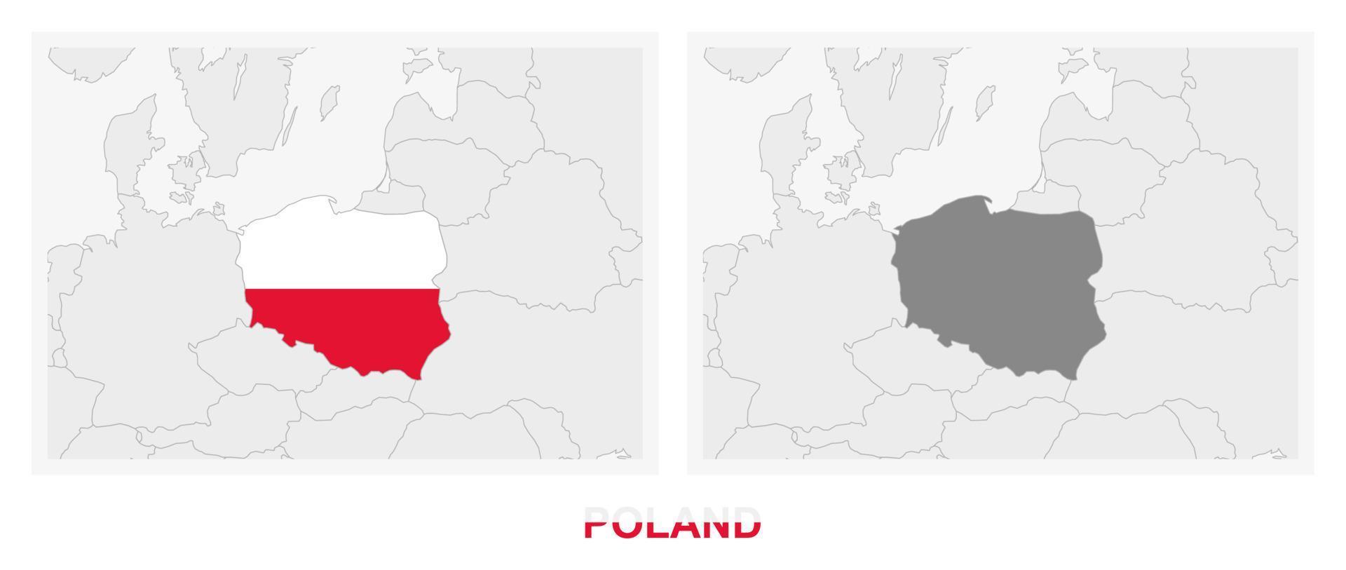 Two versions of the map of Poland, with the flag of Poland and highlighted in dark grey. vector
