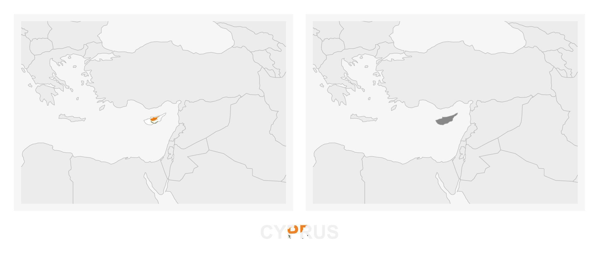 dos versiones del mapa de chipre, con la bandera de chipre y resaltada en gris oscuro. vector