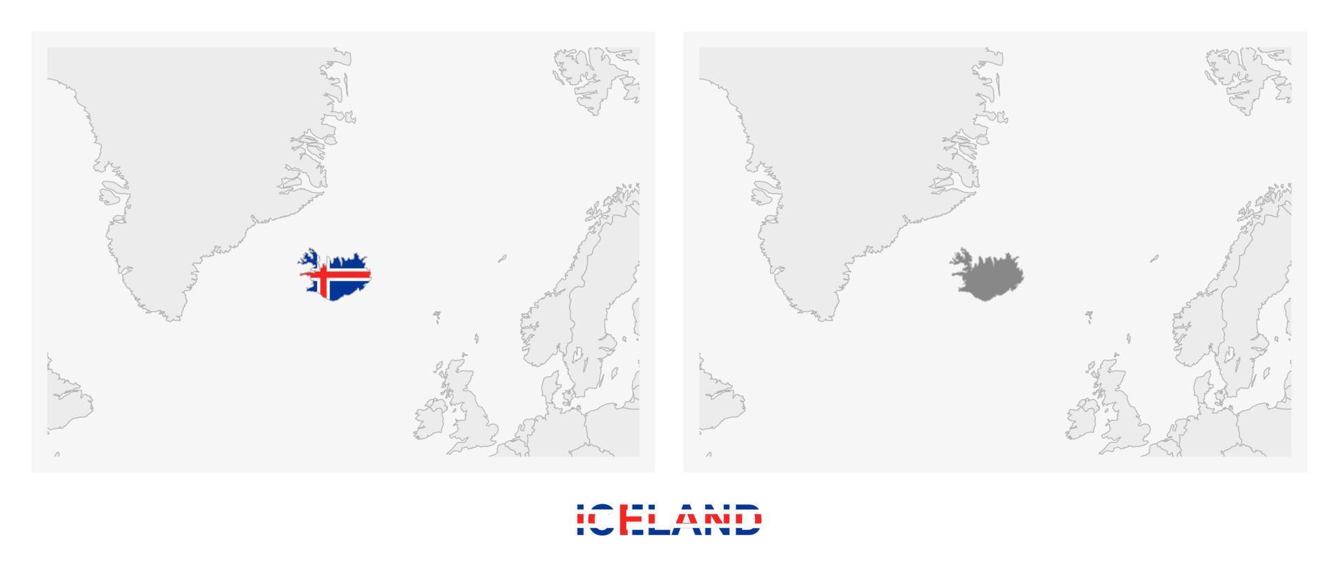 Two versions of the map of Iceland, with the flag of Iceland and highlighted in dark grey. vector