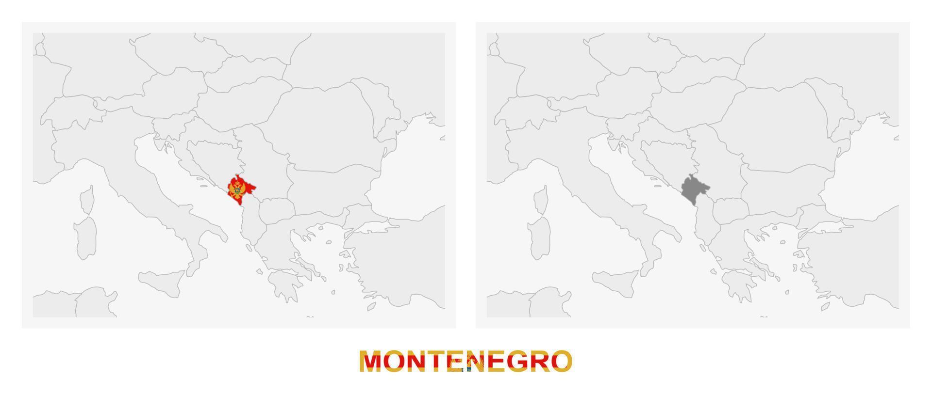 dos versiones del mapa de montenegro, con la bandera de montenegro y resaltada en gris oscuro. vector