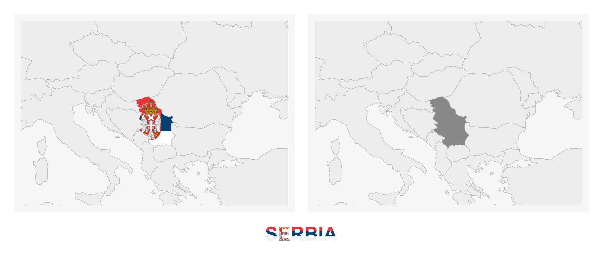 Two versions of the map of Serbia, with the flag of Serbia and highlighted in dark grey. vector