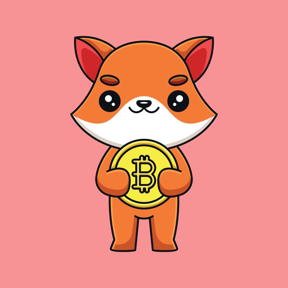 cute fox holding bitcoin cartoon mascot doodle art hand drawn outline concept vector kawaii icon illustration