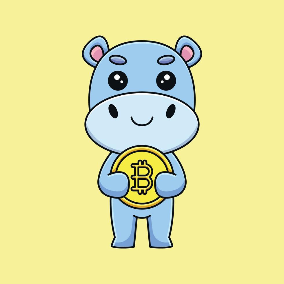 lindo hipopótamo sosteniendo bitcoin caricatura mascota doodle arte dibujado a mano esquema concepto vector kawaii icono ilustración
