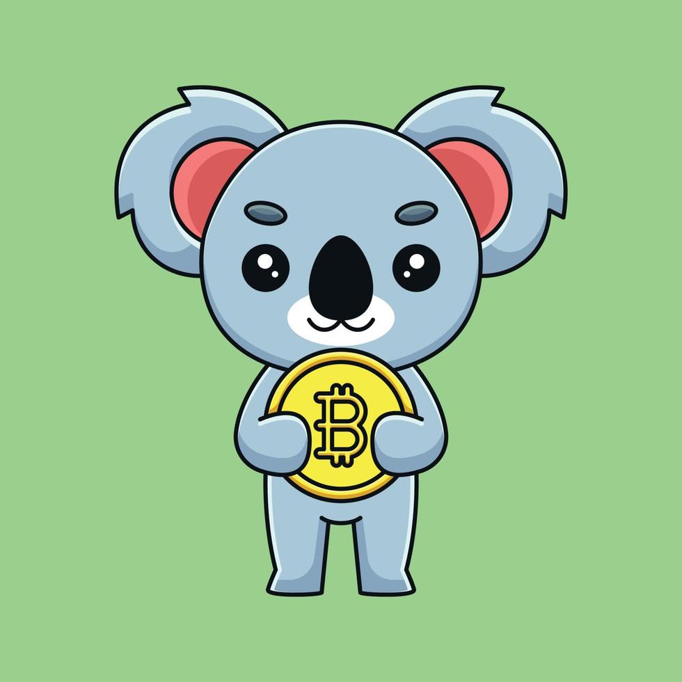 lindo koala sosteniendo bitcoin caricatura mascota garabato arte dibujado a mano esquema concepto vector kawaii icono ilustración