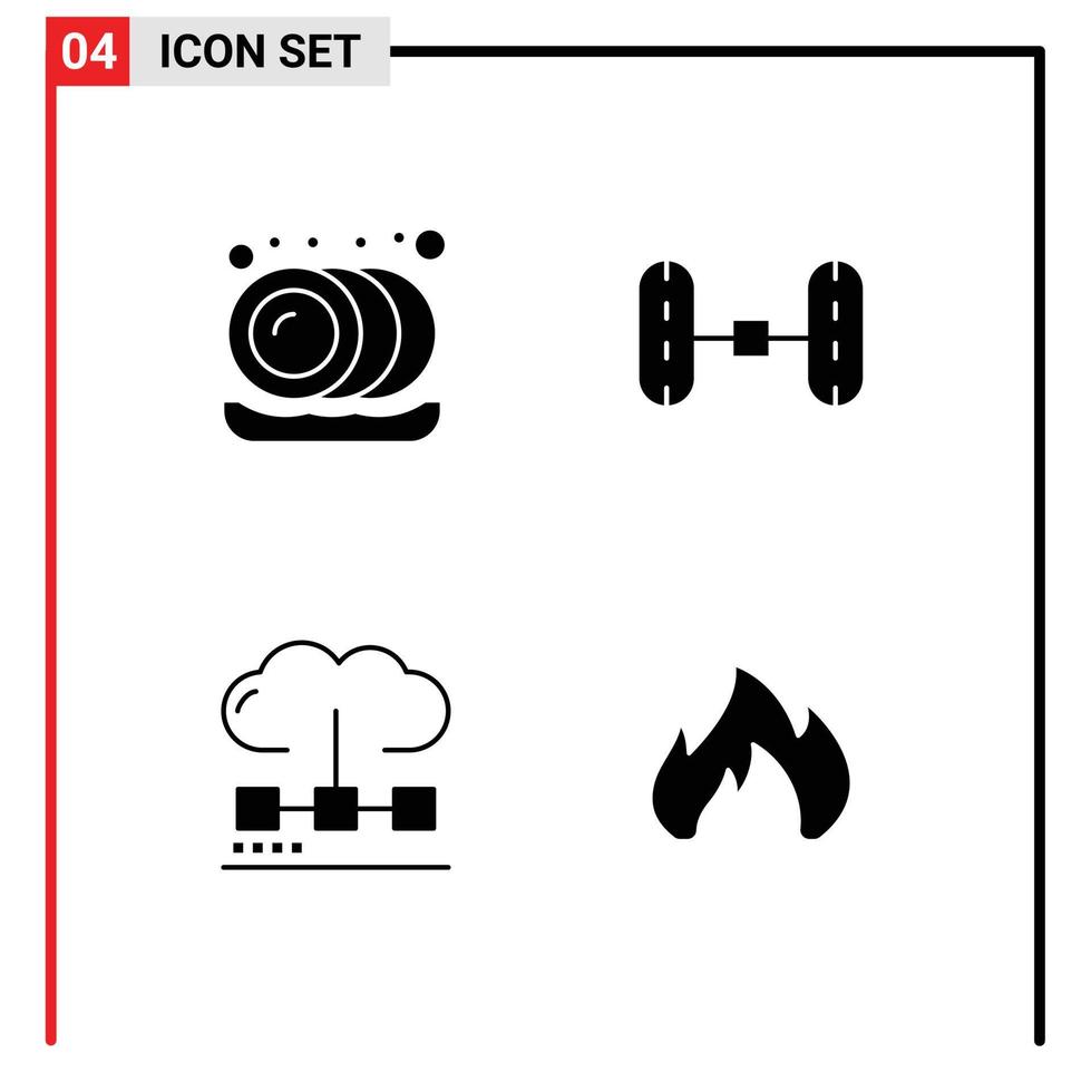 4 Thematic Vector Solid Glyphs and Editable Symbols of kitchen media wheel alignment cloud fire Editable Vector Design Elements