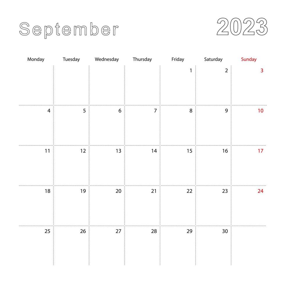 calendario de pared simple para septiembre de 2023 con líneas punteadas. el calendario está en inglés, la semana comienza el lunes. vector